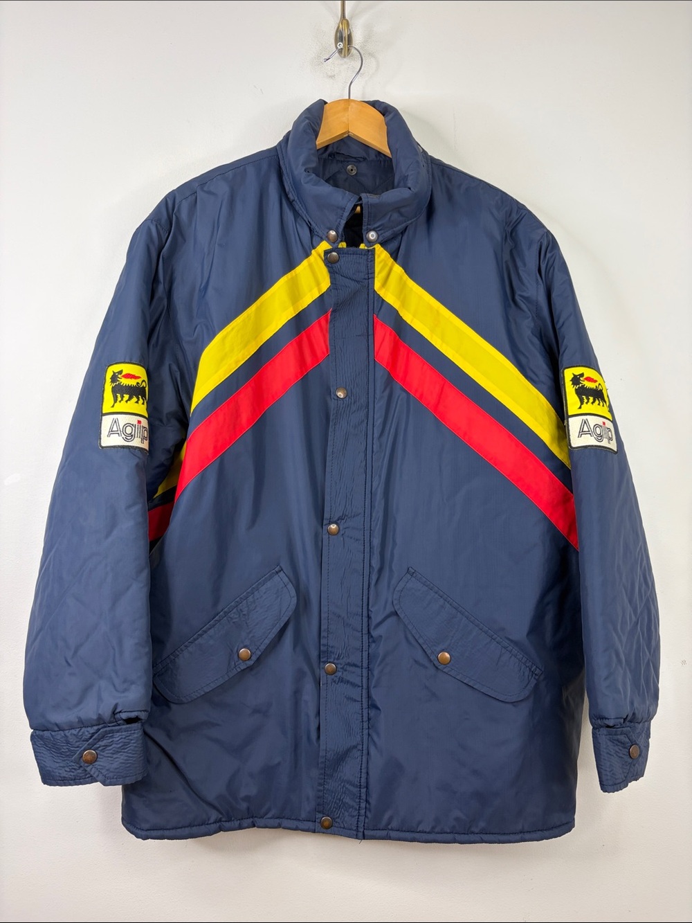 Vintage Jacket Mens Small Navy Blue Quilted Agip Chevron Racing Made in Italy